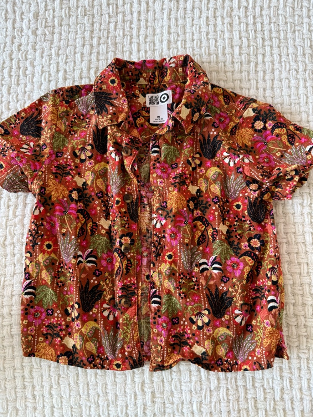 Target Floral Button-Up Shirt in Rust, Pink, Green and Black